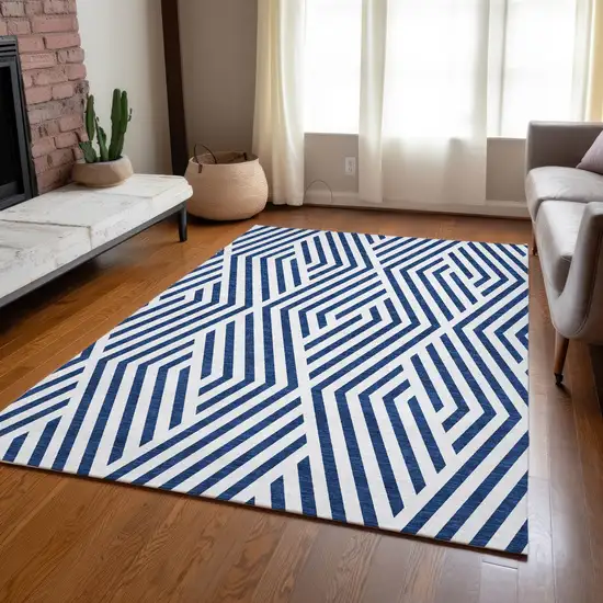Navy and White Geometric Washable Non Skid Indoor Outdoor Area Rug Photo 9