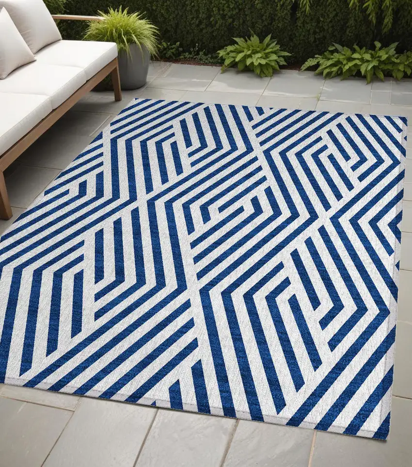 Navy and White Geometric Washable Non Skid Indoor Outdoor Area Rug Photo 1