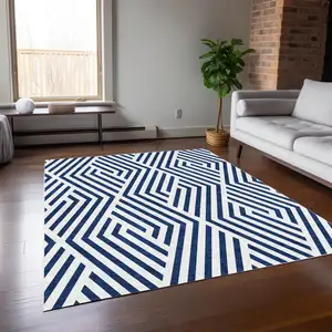 Photo of Navy and White Geometric Washable Non Skid Indoor Outdoor Area Rug