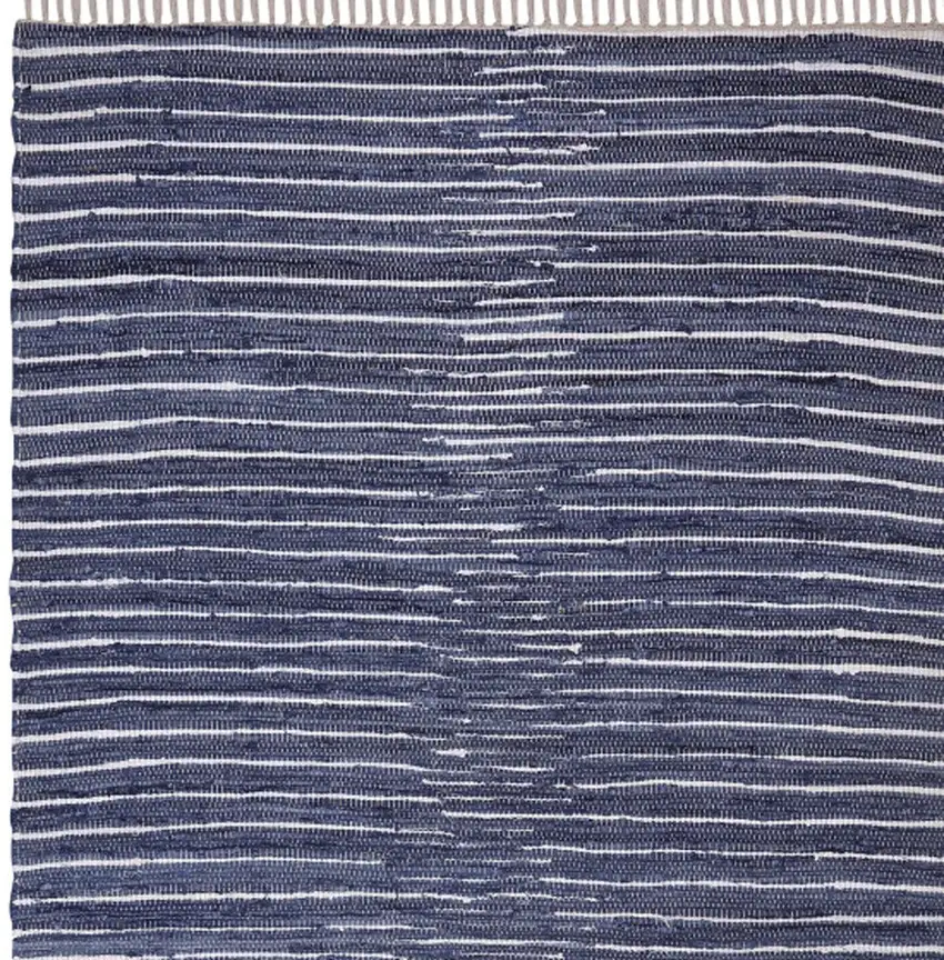Navy and White Striped Hand Woven Area Rug With Fringe Photo 4