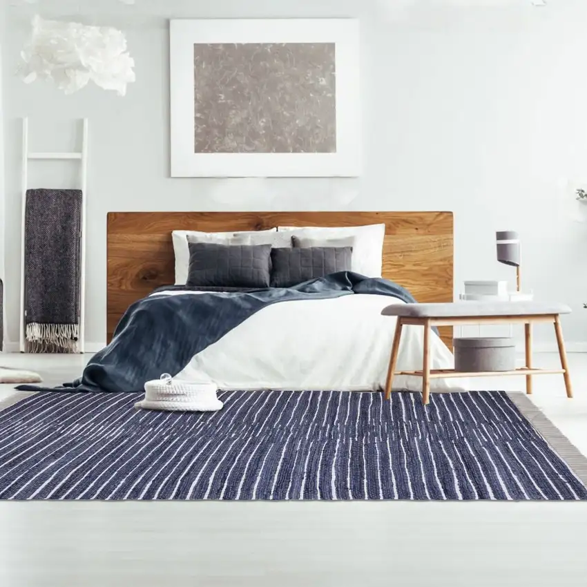 Navy and White Striped Hand Woven Area Rug With Fringe Photo 6