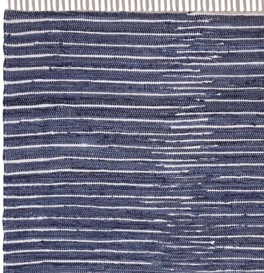 Navy and White Striped Hand Woven Area Rug With Fringe Photo 5