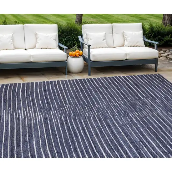 Navy and White Striped Hand Woven Area Rug With Fringe Photo 1