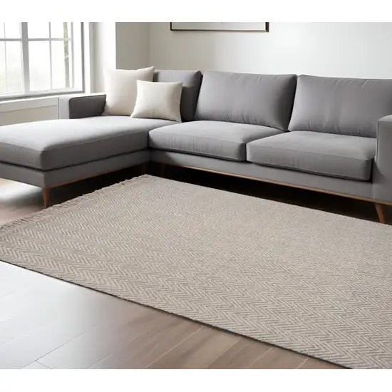 Beige And Gray Wool Chevron Hand Woven Area Rug With Fringe Photo 1