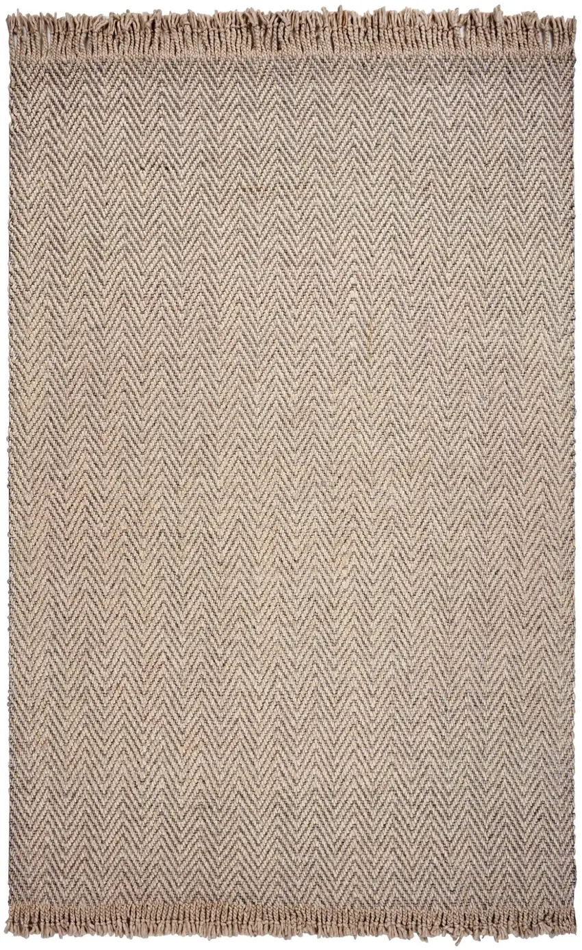 Oatmeal Beige Hand Woven Herringbone With Braided Fringe Indoor Area Rug Photo 1