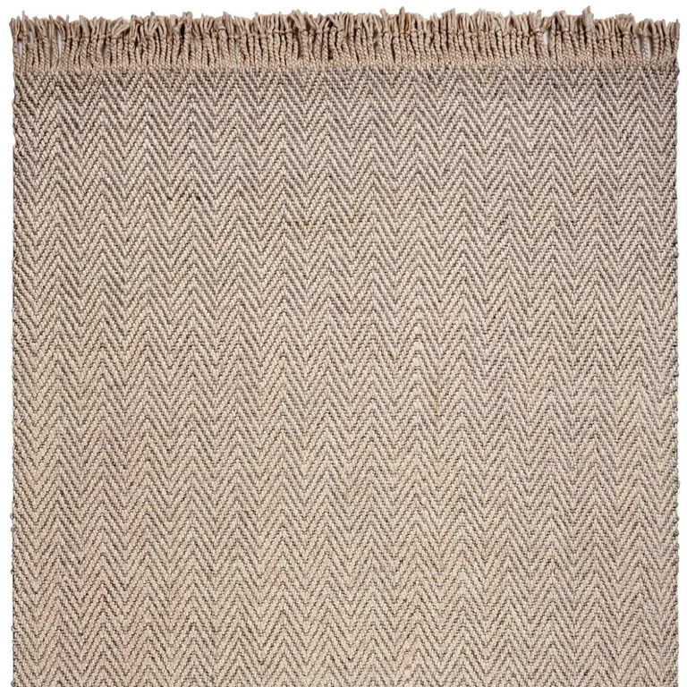Oatmeal Beige Hand Woven Herringbone With Braided Fringe Indoor Area Rug Photo 5