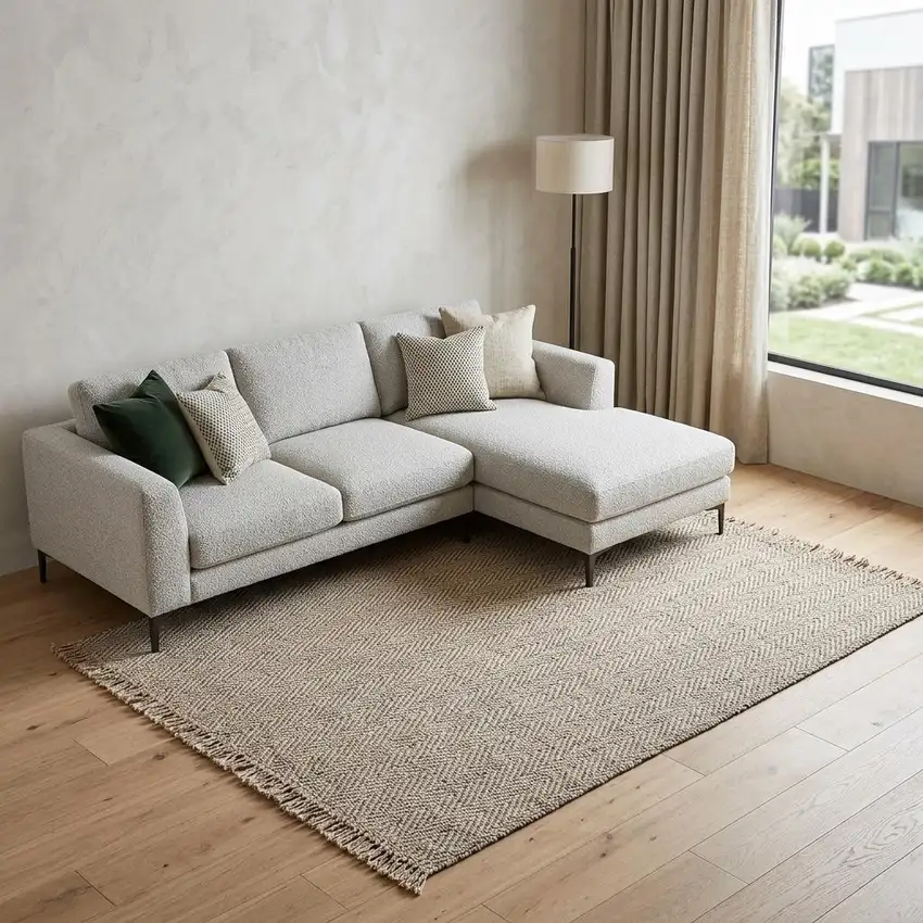 Beige And Gray Wool Chevron Hand Woven Area Rug With Fringe Photo 1