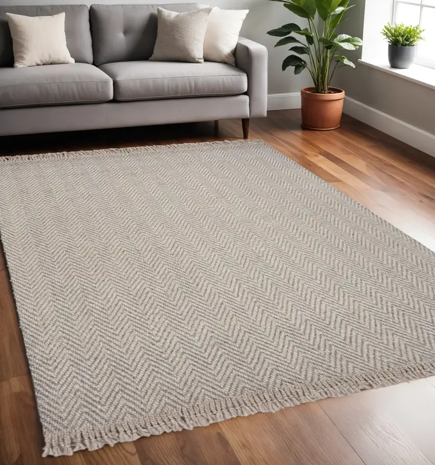 Beige And Gray Wool Chevron Hand Woven Area Rug Photo 1