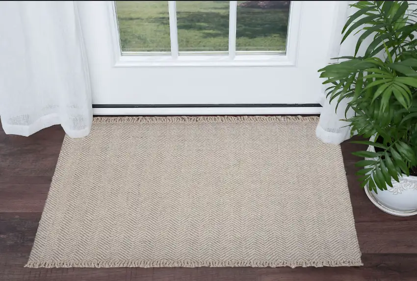 Oatmeal Braided Herringbone Area Rug With Fringe Photo 2
