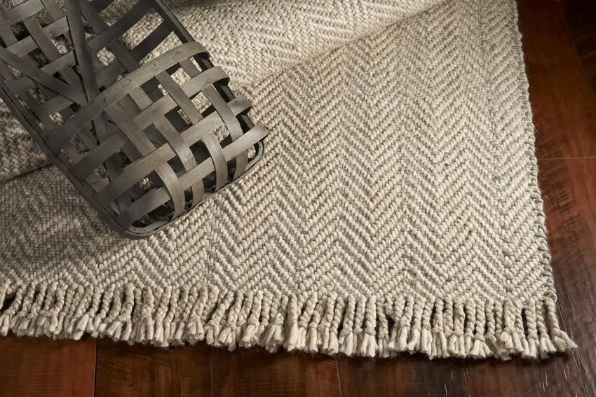 Oatmeal Braided Herringbone Area Rug with Fringe Photo 4