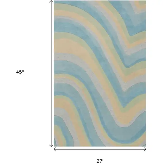 Blue Beige And Green Wool Abstract Hand Tufted Area Rug Photo 3