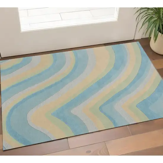 Blue Beige And Green Wool Abstract Hand Tufted Area Rug Photo 1