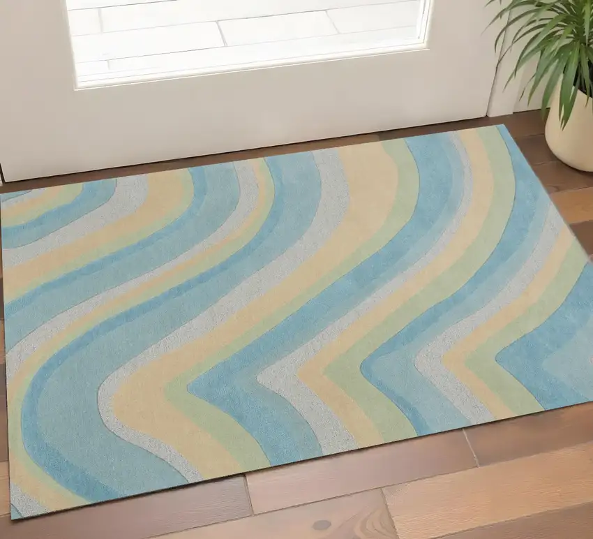 Blue Beige And Green Wool Abstract Hand Tufted Area Rug Photo 1