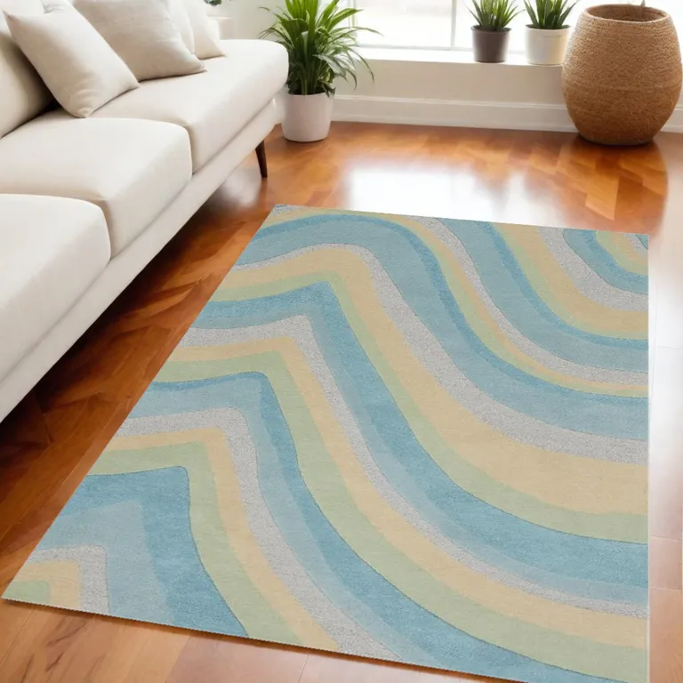 Ocean Blue Beige Hand Tufted Abstract Waves Indoor Area Rug Photo 2