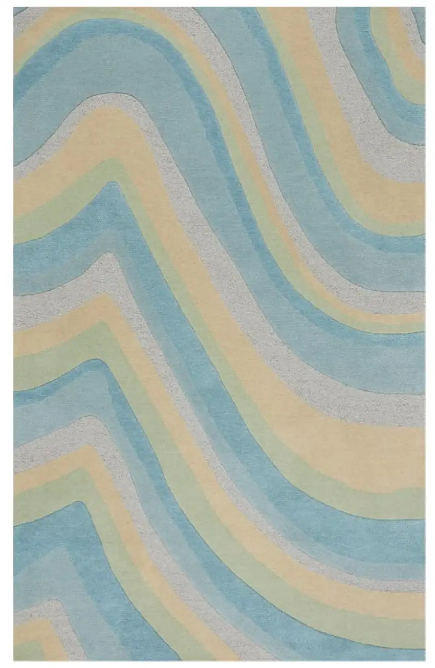 Blue Beige And Green Wool Abstract Hand Tufted Area Rug Photo 6