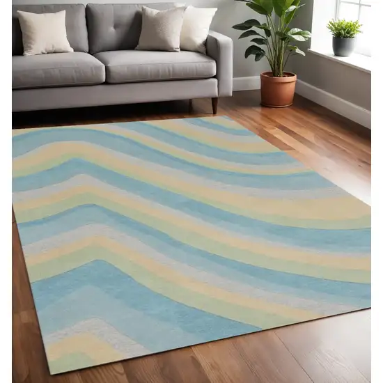 Blue Beige And Green Wool Abstract Hand Tufted Area Rug Photo 2