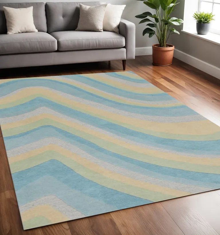 Ocean Blue Beige Hand Tufted Abstract Waves Indoor Area Rug Photo 5