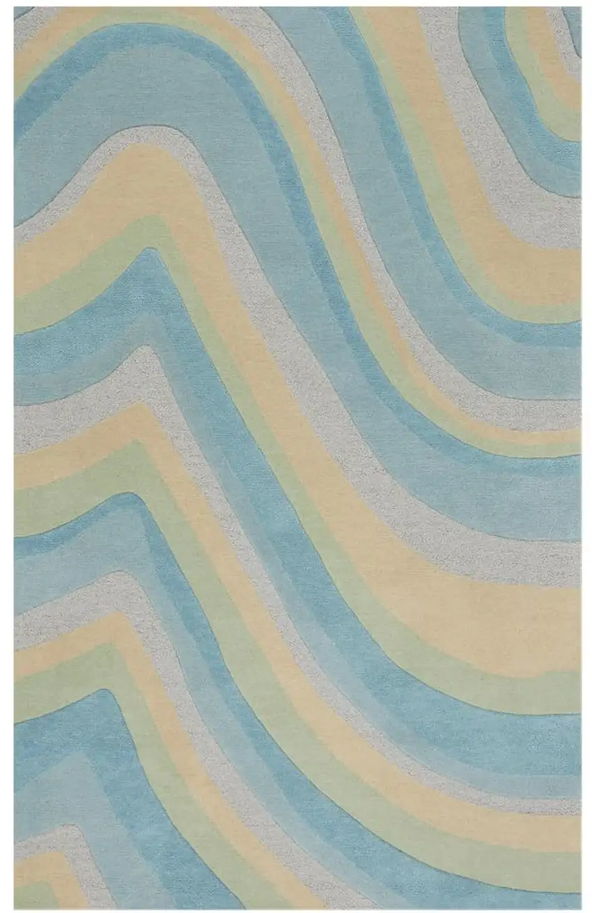 Ocean Blue Beige Hand Tufted Abstract Waves Indoor Area Rug Photo 2