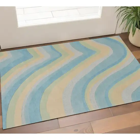 Blue Beige And Green Wool Abstract Hand Tufted Area Rug Photo 1