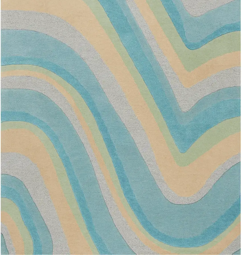 Ocean Blue Beige Hand Tufted Abstract Waves Indoor Runner Rug Photo 2