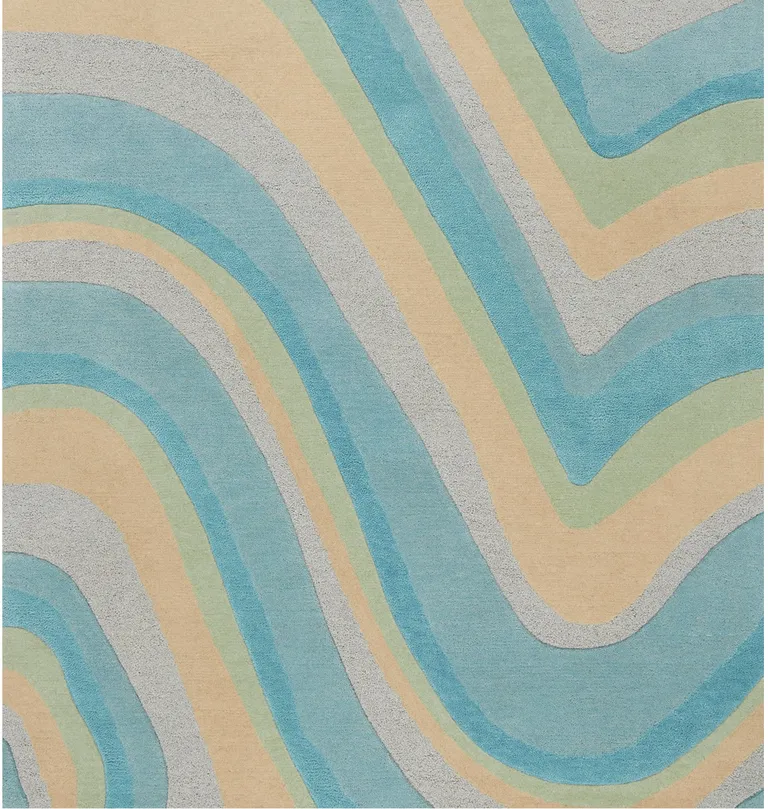Ocean Blue Beige Hand Tufted Abstract Waves Indoor Runner Rug Photo 2