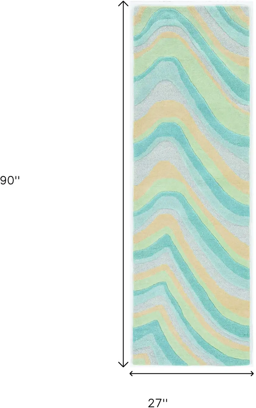 8' Blue Beige And Green Wool Abstract Hand Tufted Runner Rug Photo 3