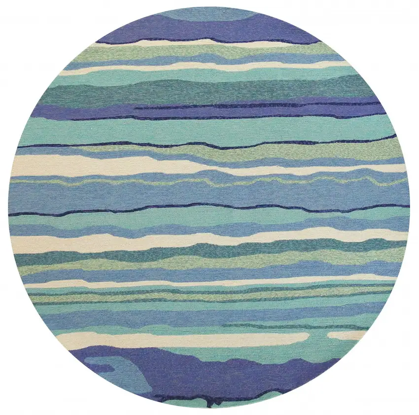 8' Ocean Blue Hand Hooked Uv Treated Abstract Waves Round Indoor Outdoor Area Rug Photo 2