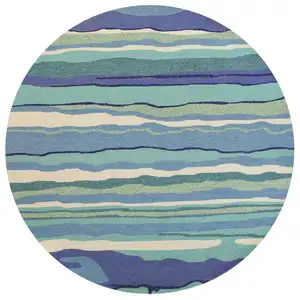 Photo of Ocean Blue Hand Hooked UV Treated Abstract Waves Round Indoor Outdoor Area Rug