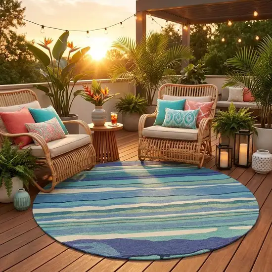 8' Blue Round Abstract Indoor Outdoor Area Rug Photo 1