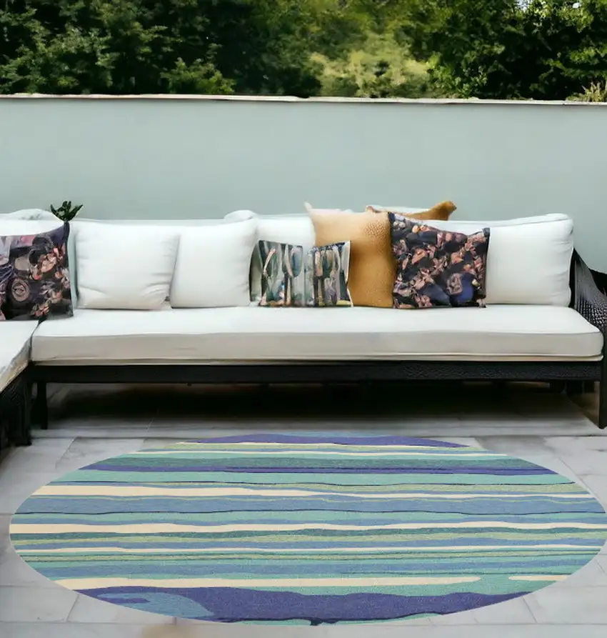 8' Ocean Blue Hand Hooked Uv Treated Abstract Waves Round Indoor Outdoor Area Rug Photo 1