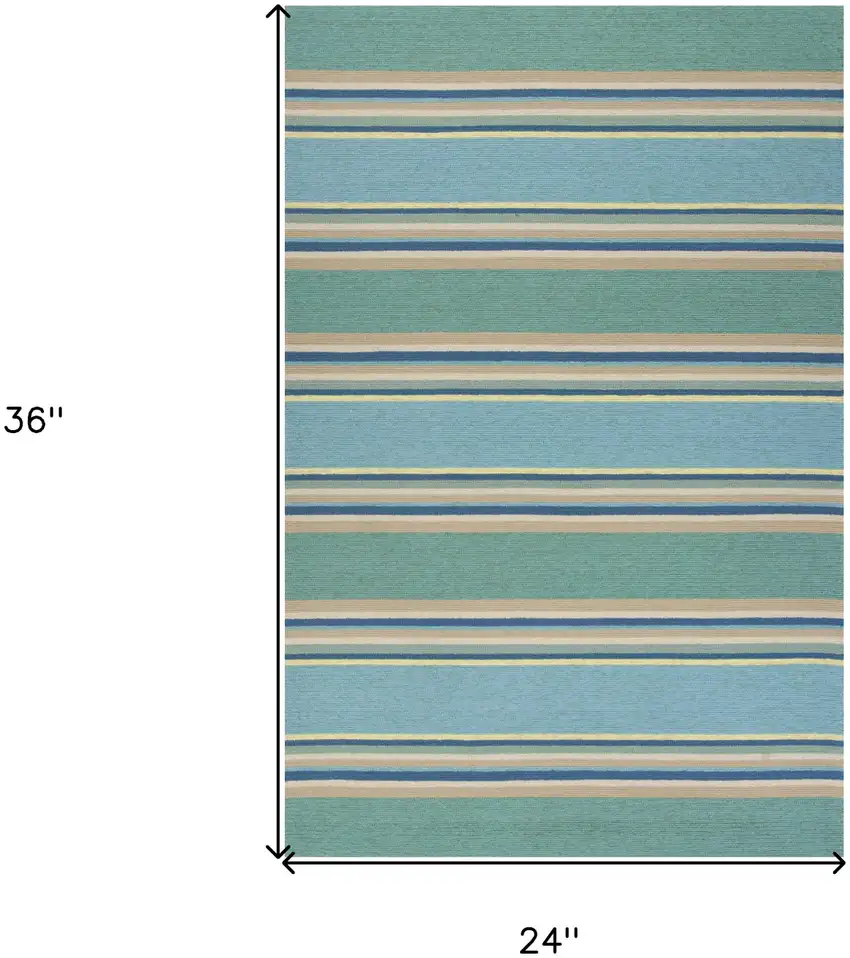 2'X3' Ocean Blue Hand Hooked Uv Treated Awning Stripes Indoor Outdoor Accent Rug Photo 8
