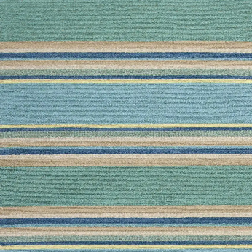 Ocean Blue Hand Hooked UV Treated Awning Stripes Indoor Outdoor Area Rug Photo 3