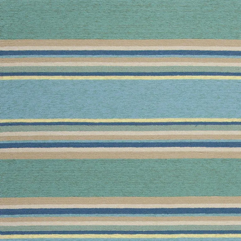Ocean Blue Hand Hooked UV Treated Awning Stripes Indoor Outdoor Area Rug Photo 3