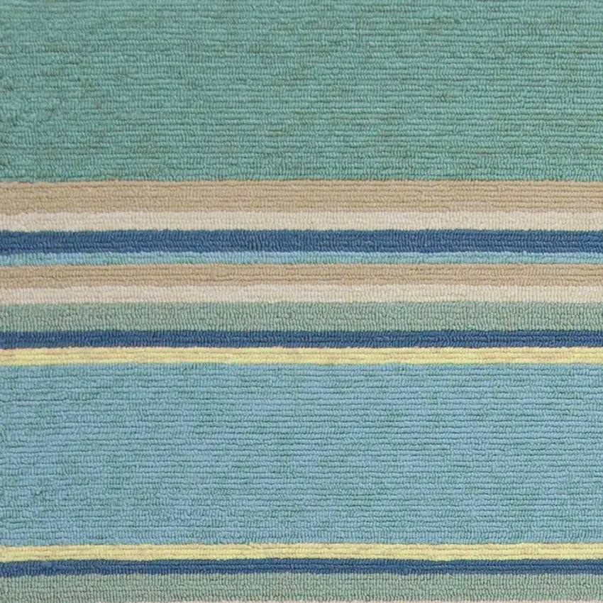 Ocean Blue Hand Hooked UV Treated Awning Stripes Indoor Outdoor Area Rug Photo 2