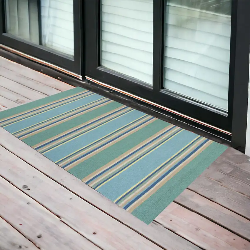 3'X5' Ocean Blue Hand Hooked Uv Treated Awning Stripes Indoor Outdoor Area Rug Photo 1