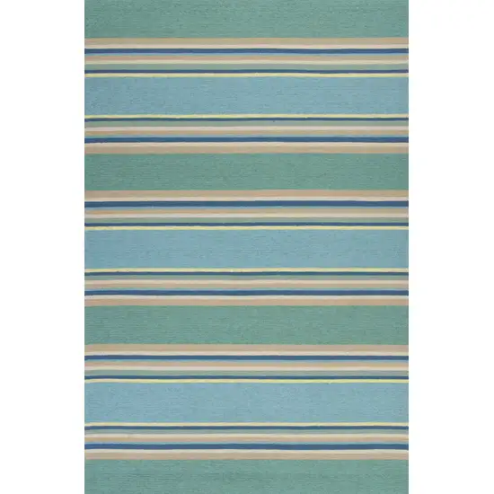 Ocean Blue Hand Hooked UV Treated Awning Stripes Indoor Outdoor Area Rug Photo 1