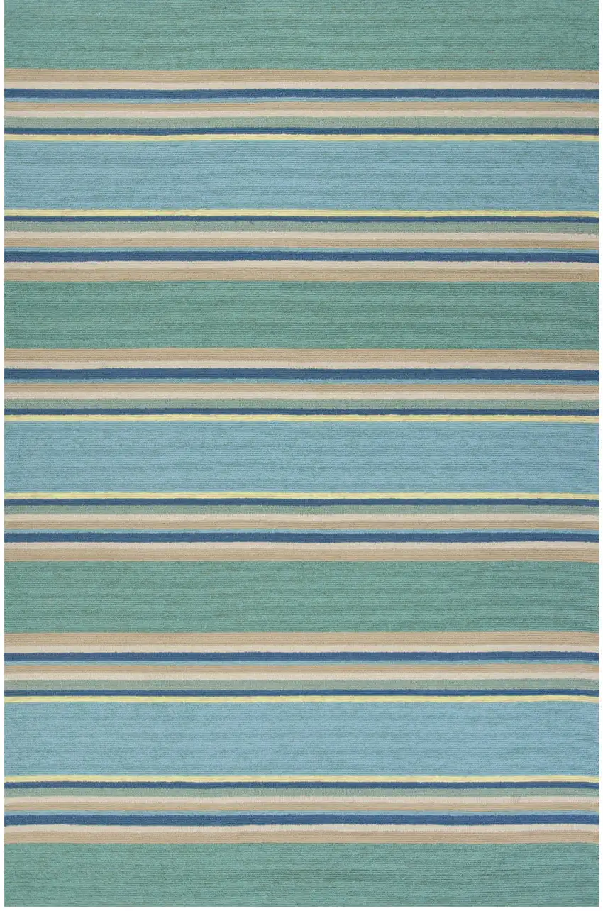 3'X5' Ocean Blue Hand Hooked Uv Treated Awning Stripes Indoor Outdoor Area Rug Photo 1