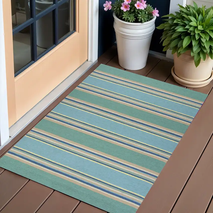 Blue Striped Handmade Indoor Outdoor Area Rug Photo 1