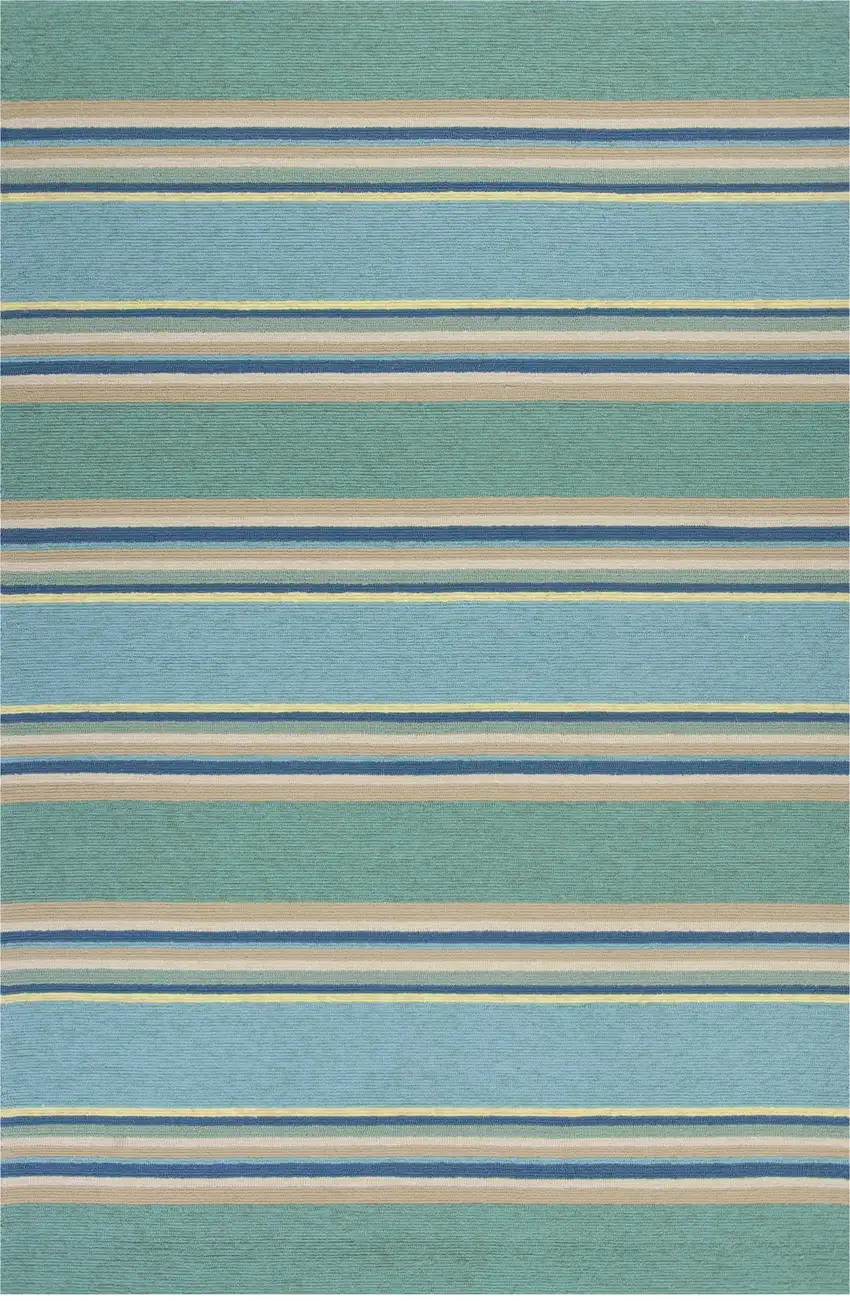 8'X10' Ocean Blue Hand Hooked Uv Treated Awning Stripes Indoor Outdoor Area Rug Photo 1
