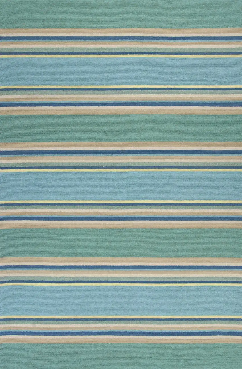 Ocean Blue Hand Hooked UV Treated Awning Stripes Indoor Outdoor Area Rug Photo 1