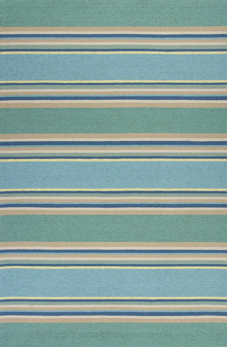 Ocean Blue Hand Hooked UV Treated Awning Stripes Indoor Outdoor Area Rug Photo 1