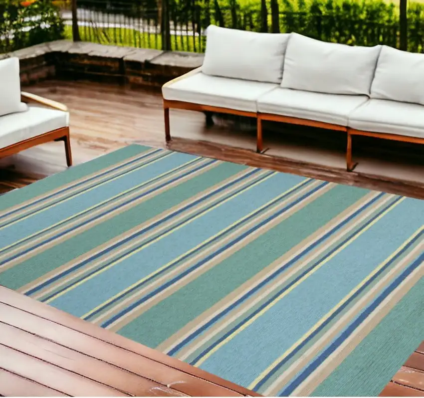 8'X10' Ocean Blue Hand Hooked Uv Treated Awning Stripes Indoor Outdoor Area Rug Photo 1