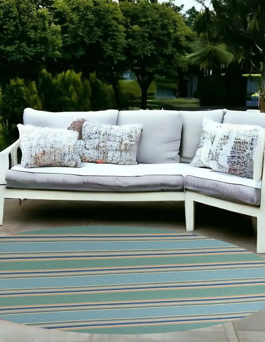8' Ocean Blue Hand Hooked Uv Treated Awning Stripes Round Indoor Outdoor Area Rug Photo 1