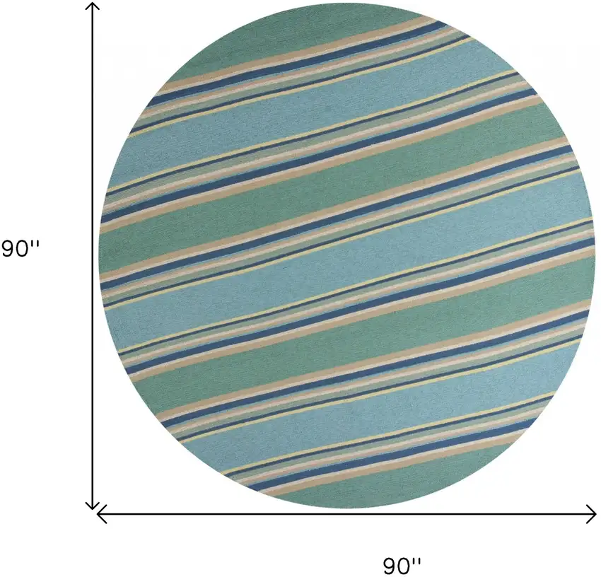 8' Ocean Blue Hand Hooked Uv Treated Awning Stripes Round Indoor Outdoor Area Rug Photo 3