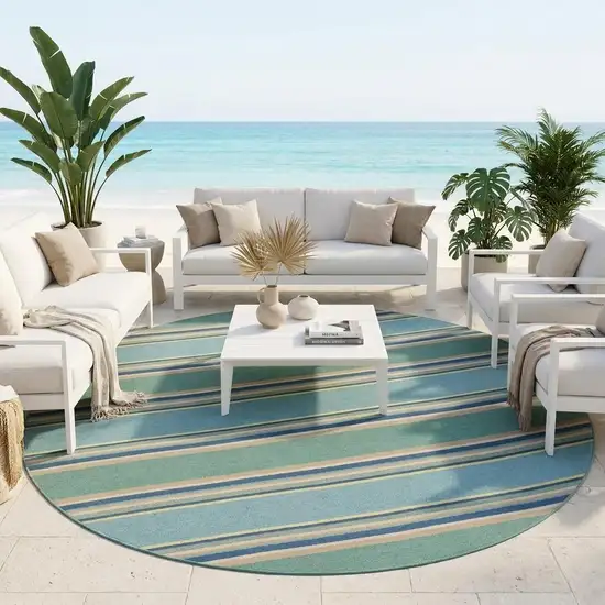 8' Blue Round Striped Indoor Outdoor Area Rug Photo 1