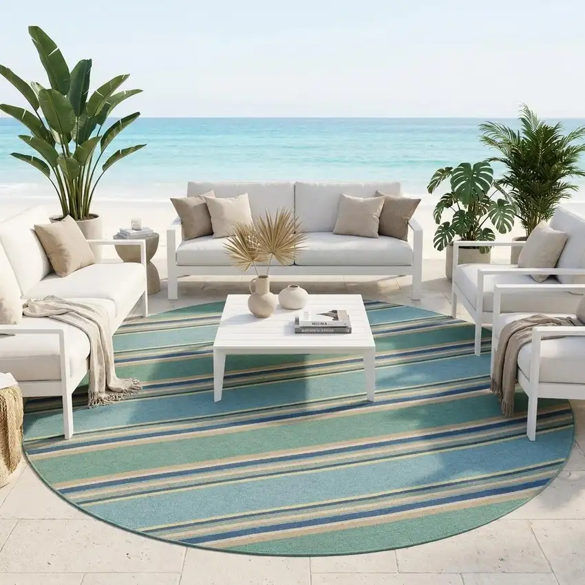 8' Blue Round Striped Indoor Outdoor Area Rug Photo 1