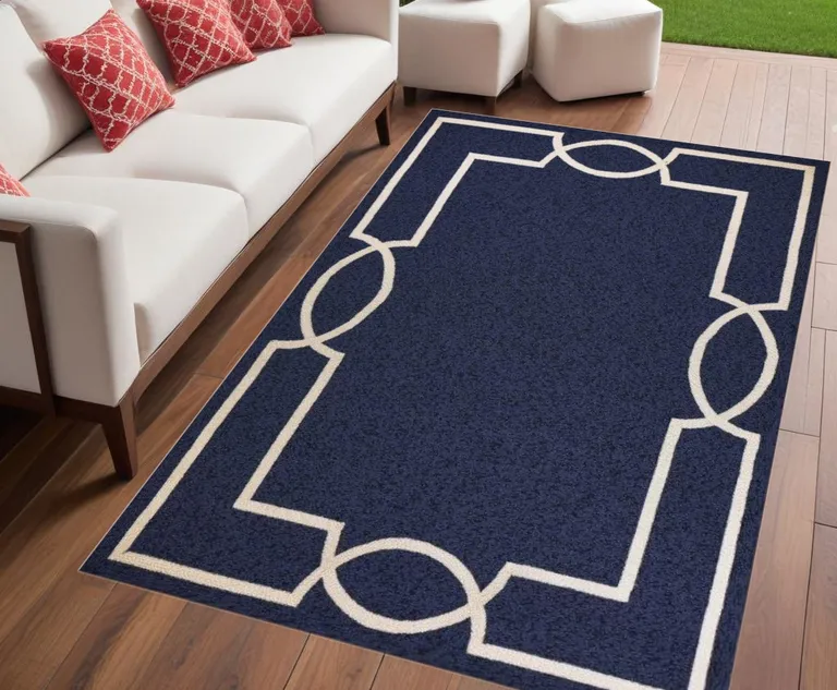 Ocean Blue Hand Hooked UV Treated Bordered Indoor Outdoor Area Rug Photo 3