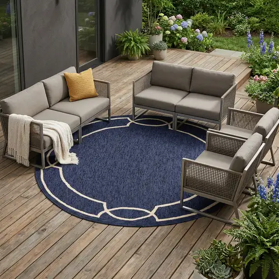 7' Blue And Ivory Round Geometric Handmade Indoor Outdoor Area Rug Photo 1