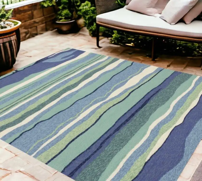 8'X10' Ocean Blue Hand Woven Uv Treated Ocean Waves Indoor Outdoor Area Rug Photo 2