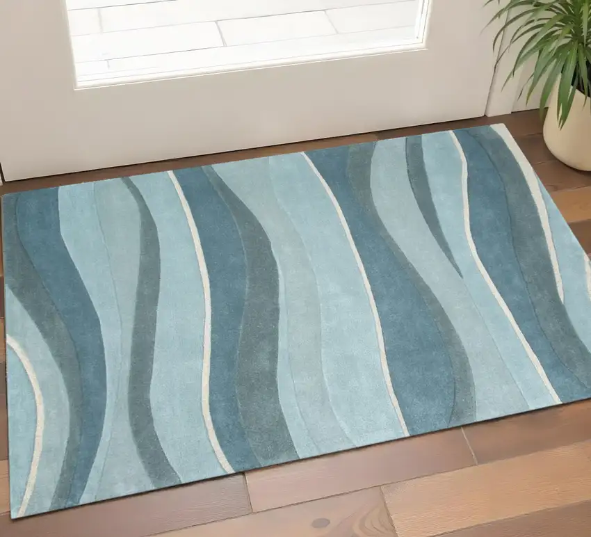 Blue Gray And Ivory Wool Hand Tufted Area Rug Photo 1